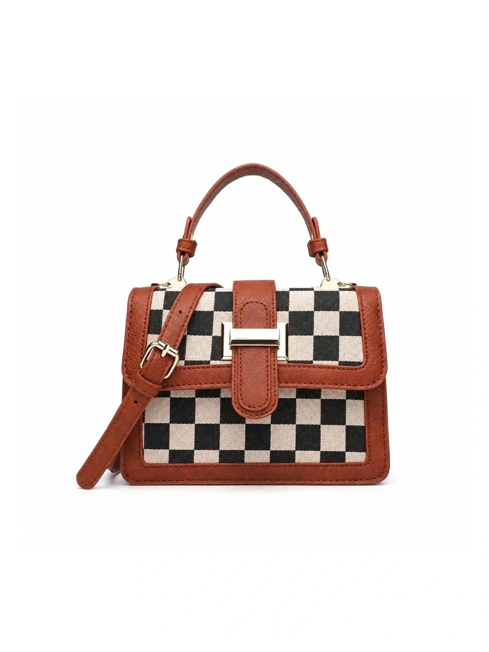 Vegan Leather-Trim Checkerboard Top Handle Bag in Brown